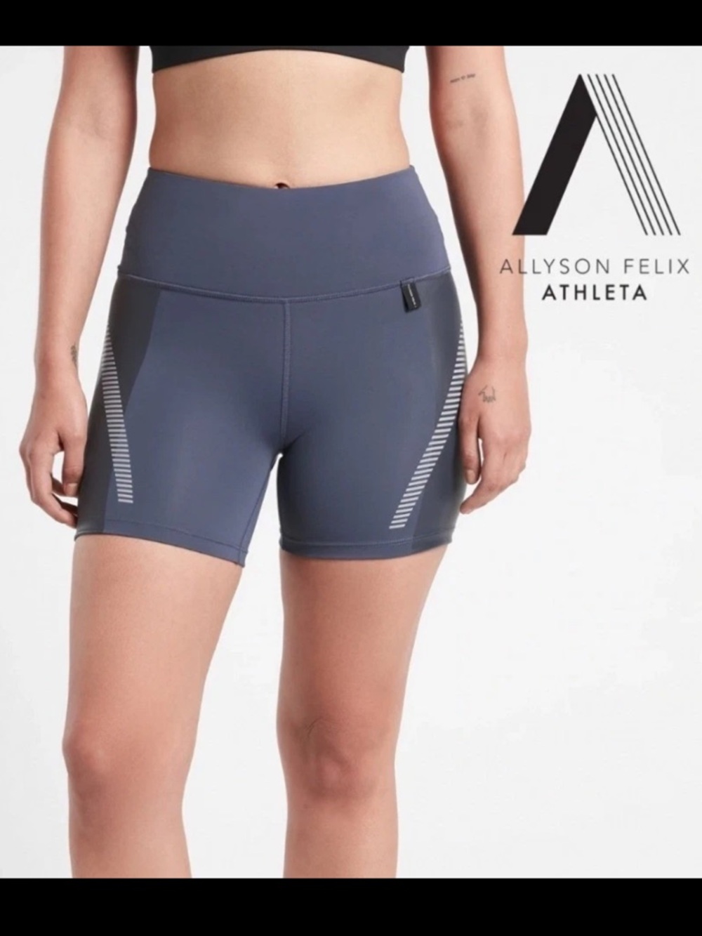 Athleta Slate Blue High-Rise Bike Shorts with White Reflective Stripes